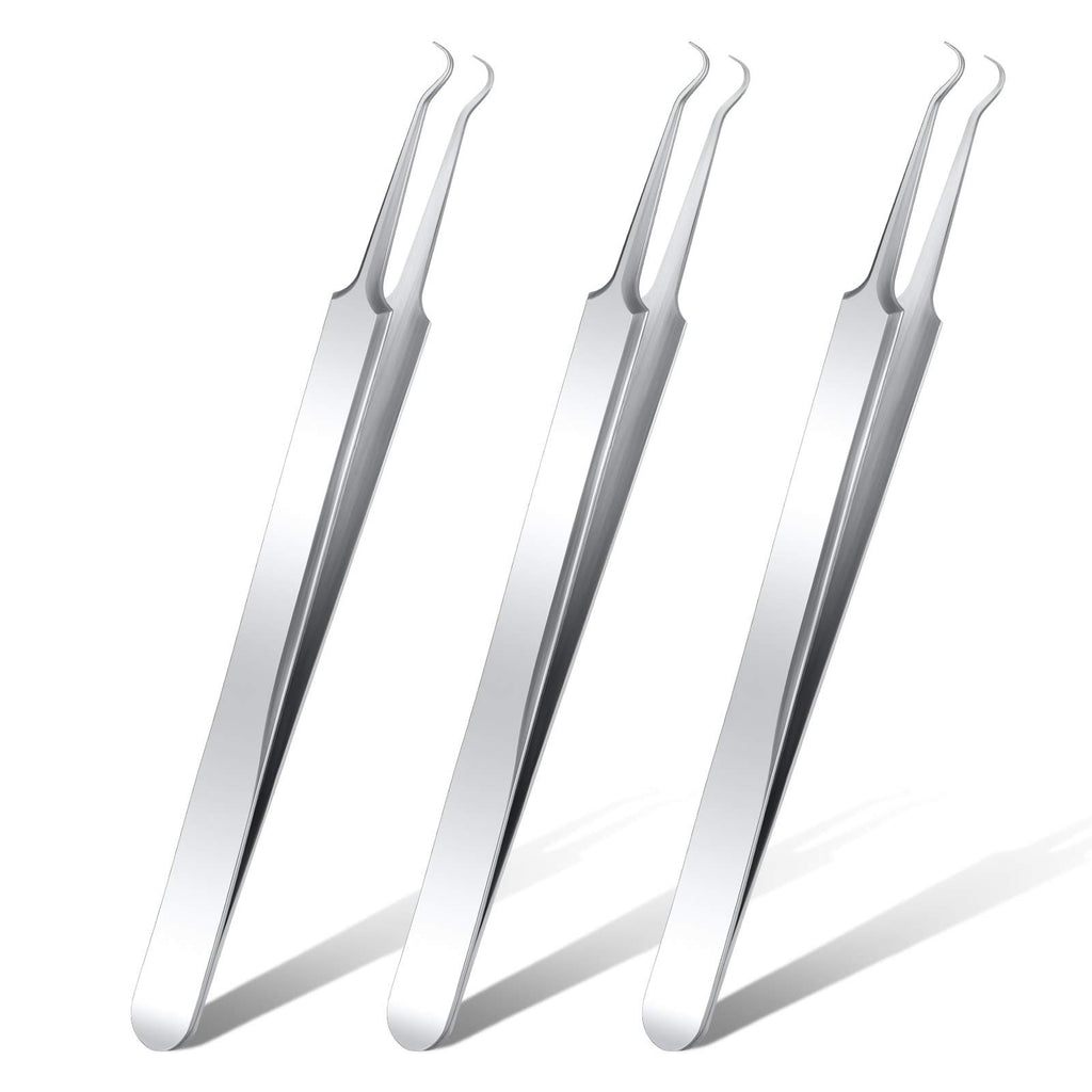 Honoson 3 Pcs Blackhead Tweezer Stainless Steel Pimple Tweezers Tool for Remove Zit Whitehead Pimple Bend Curved Extractor Tweezer Skin Blackhead Remover Tools(Silver)