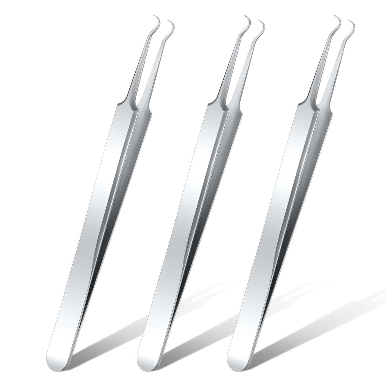 Honoson 3 Pcs Blackhead Tweezer Stainless Steel Pimple Tweezers Tool for Remove Zit Whitehead Pimple Bend Curved Extractor Tweezer Skin Blackhead Remover Tools(Silver)