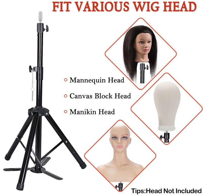 Upgraded Wig Stand Tripod, 55" Heavy Duty Reinforced Adjustable Mannequin Head Stand Tripod for Styling Cosmetology Hairdressing Training, Metal Wig Head Stand Holder with Wig Caps,Paddle Comb T-Pins (55" Black Tripod with Pedal)