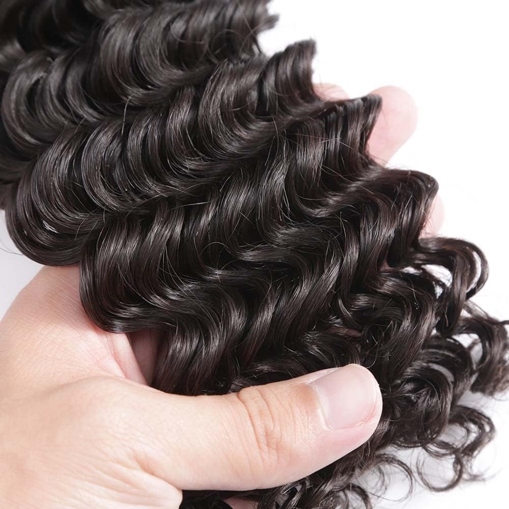 Wahairse Human Hair Bundles 1B Deep Wave Bundles Natural Color Human Hair Unprocessed Brazilian Virgin 3 Bundles Quick Weave Human Hair Extensions 300g (1B# Deep Wave, 14 16 18)