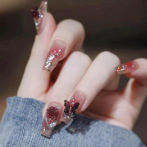 Hkanlre Bling Coffin Press on Nails Fake Nails Tips Full Cover Medium False Gradient Nails for Women and Girls 24PCS (Red Coffin)