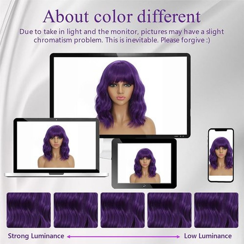 Mxayhnajxl Dark Purple Wigs with Bangs for Women 14 Inch Short Wavy Bob Wigs Synthetic Bob Wig Curly Wig Heat Resistant Colorful Wavy Wig Cosplay Wigs For Daily Party Halloween