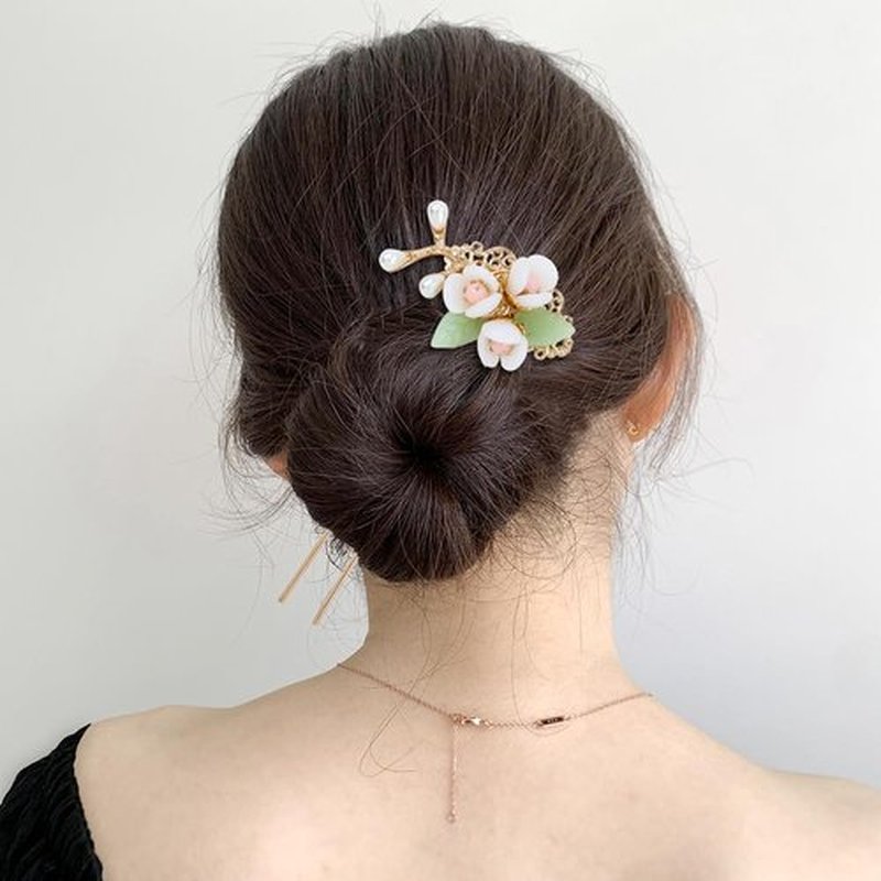 inSowni 5 Pieces Vintage Retro Traditional Asian Chinese Hanfu Pearl Green Jade Flower Hair Side Combs Slides Metal Hair Pins Sticks Chopsticks Bun Updo Holders Hair Accessories for Women Girls