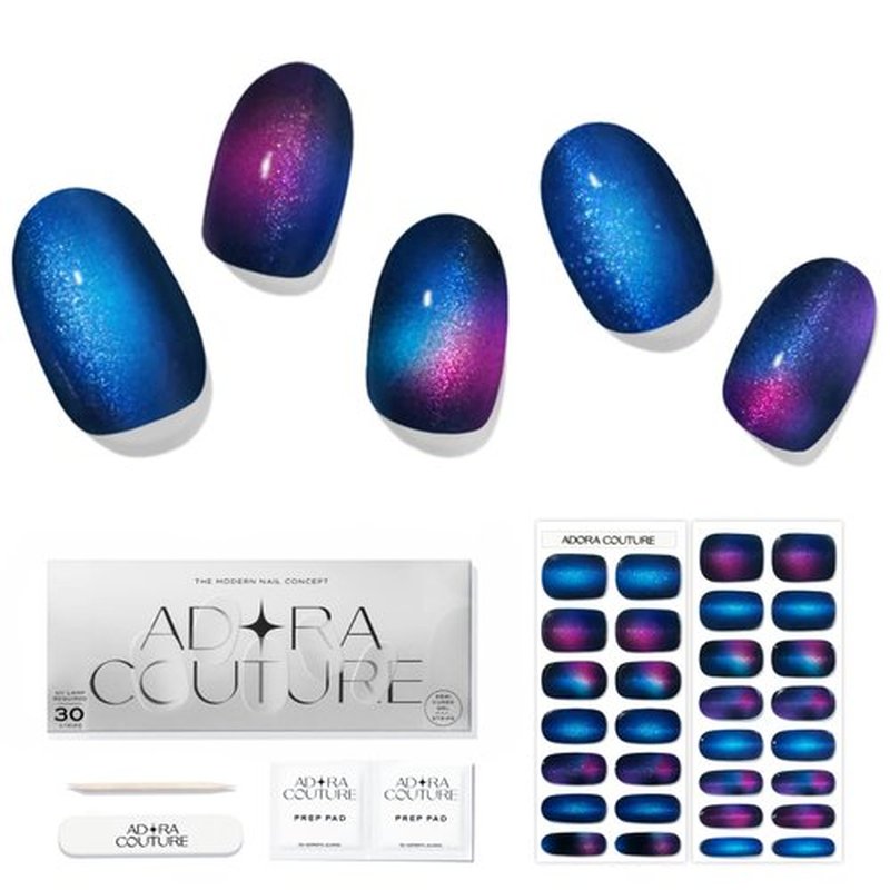 Adora Couture Semi Cured Gel Nail Strips with 30 Pieces - UV Gel Stickers, Manicure Kit, Easy Application Wraps Includes Prep Pads, Nail File, Wooden Stick - UV Light Required (Constellation)