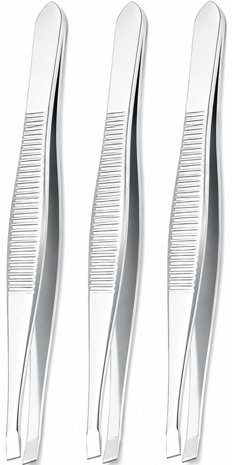 LUXXII Flat Tip Tweezers Set (3 Pack) – Precision Stainless Steel Tweezers for Eyebrows, Facial Hair, Ingrown Hair & Splinter Removal – Professional Hair Plucker for Women & Men