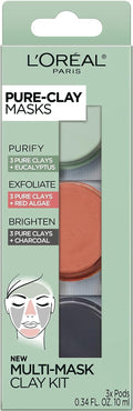 L'Oréal Paris Skincare Pure-Clay Face Mask Trial Size Set, Includes 3 Different Face Masks Made With Charcoal, Red Algae and Eucalyptus, Set