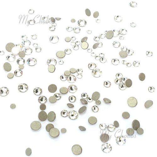 clear Crystal (001) tiny small sizes mixed with Austrian crystal Austria 2058 xilion rose flatbacks sizes ss3, ss5, ss6, ss7, ss9, ss10 no-hotfix rhinestones nail art 144 pcs (1 gross) round bling diy