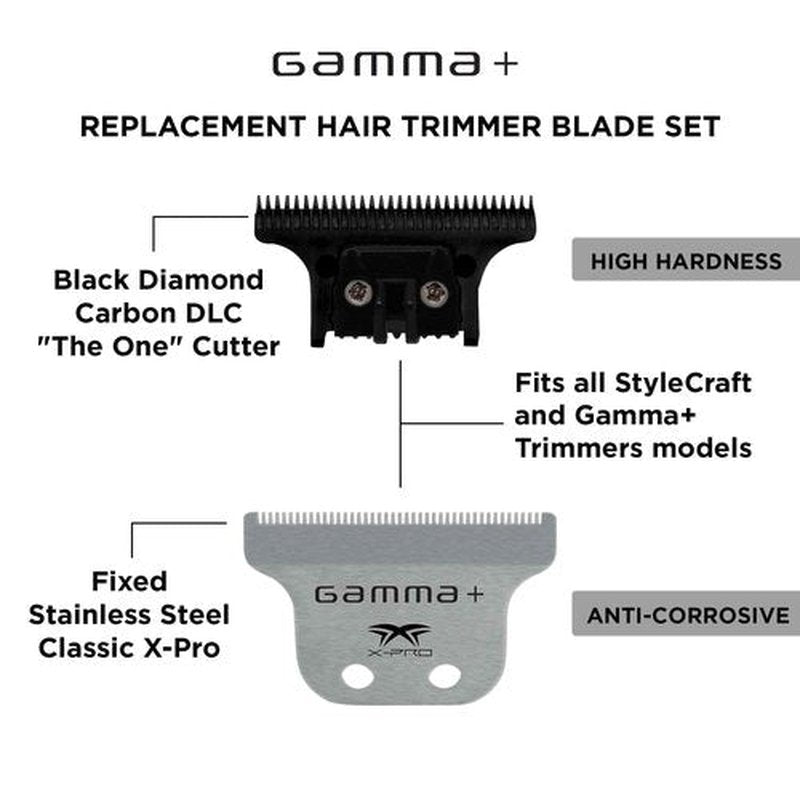 GAMMA+ Replacement Fixed Classic X-Pro Blade Stainless Steel with Black Diamond Carbon DLC The One Cutting Trimmer Blade Set