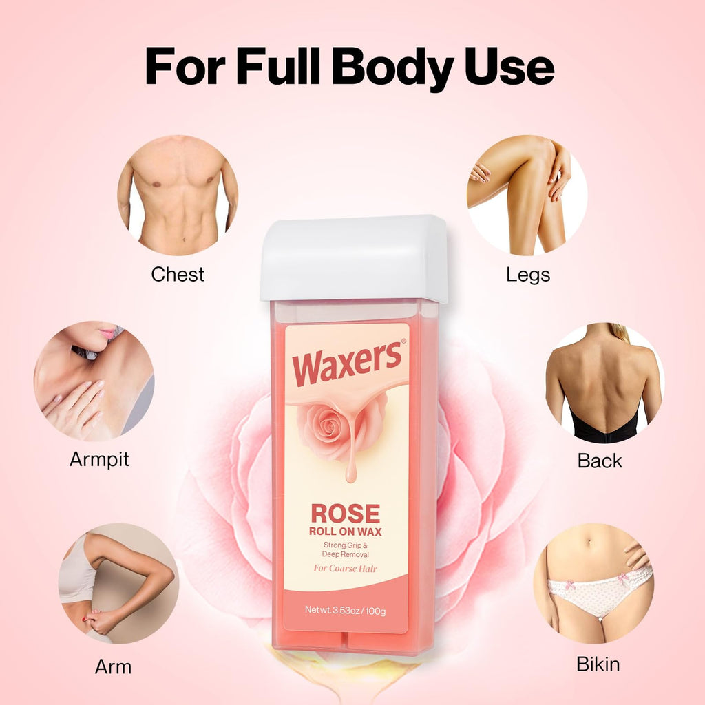 Waxers Roll on Wax Kit for Coarse & Thick Hair Removal Waxing Kit for Women & Men Professional Rose Soft Wax Roller Cartridge with Warmer & Strips