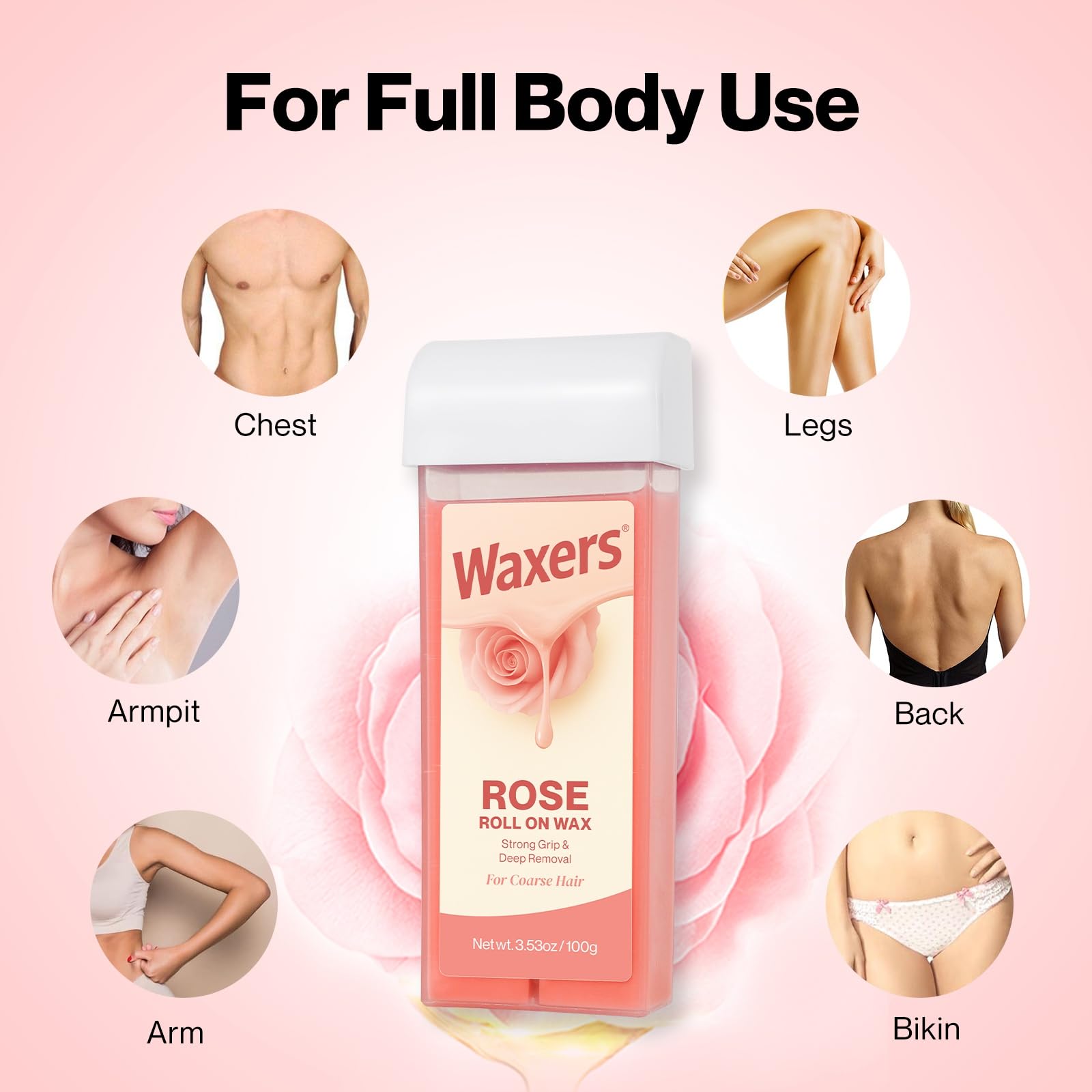 Waxers Roll on Wax Kit for Coarse & Thick Hair Removal Waxing Kit for Women & Men Professional Rose Soft Wax Roller Cartridge with Warmer & Strips