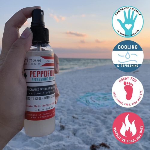 Rinse Bath & Body Peppermint Foot Spray - 4oz Handmade All Natural Cooling Foot Spray with Tea Tree Oil and Essential Oils, Vegan, Non-GMO, Gluten Free, Deodorizing Peppermint
