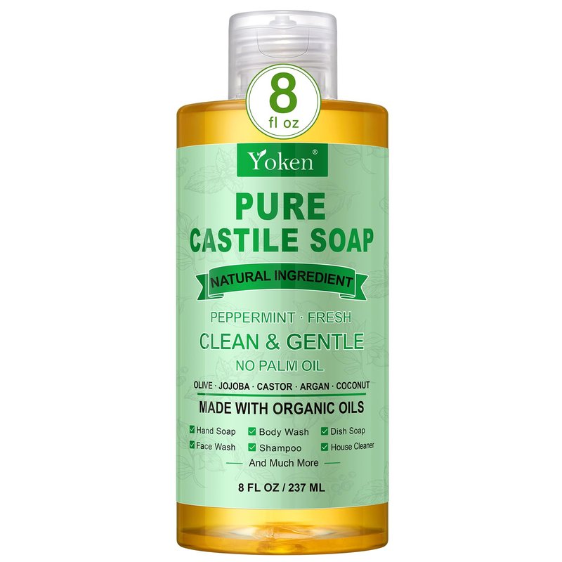 Yoken Peppermint Castile Soap Liquid 8 OZ, Made with Certified Organic Oils, Gentle Peppermint Soap for Body Wash, Face, Hands, Dishes, Laundry & More - Vegan & Natural Ingredients Versatile Cleanser