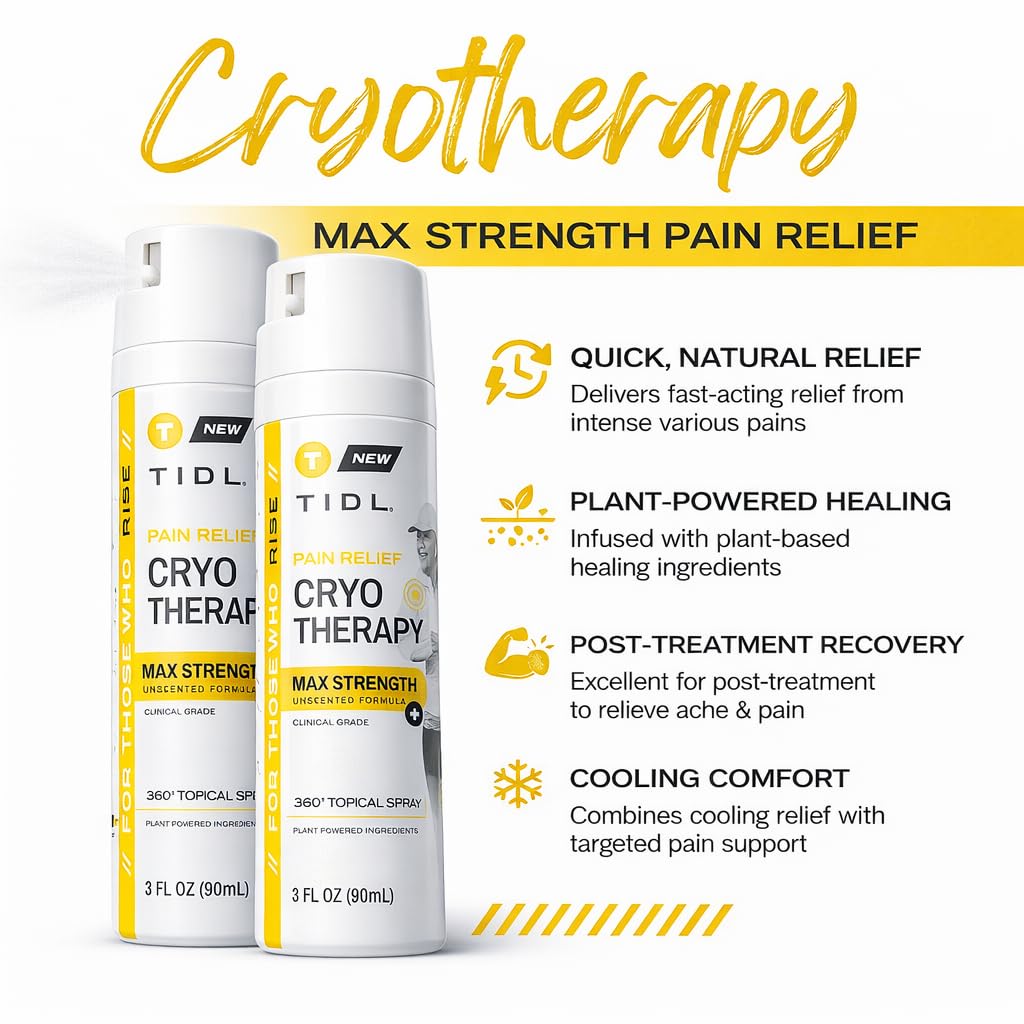 TIDL Cryotherapy Pain Relief Spray, 3 Oz, Max Strength for Fast-Acting Muscle, Joint & Neck Pain Relief, Plant-Based Menthol & Camphor Pain Reliever, Quick Drying Formula