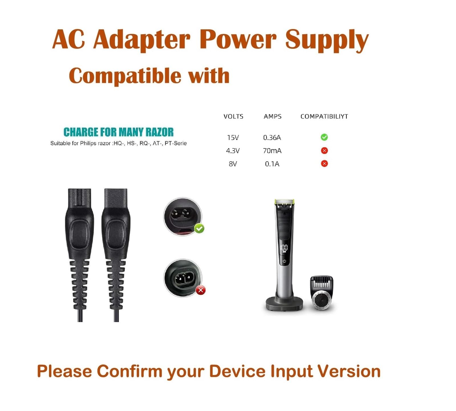 15V Charger for Philips Norelco Oneblade Trimmer 8900 QP6510 70 QP6520