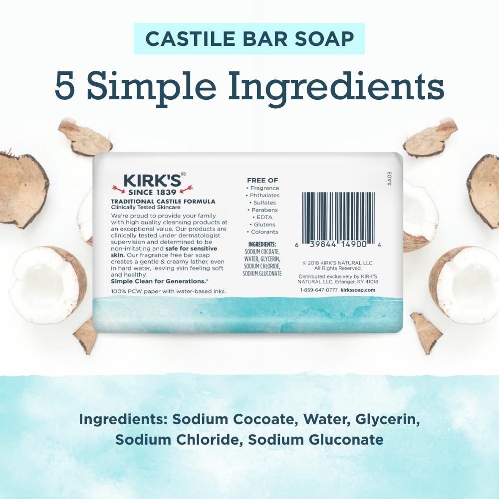 Kirk's Castile Bar Soap for Men, Women & Children - Made with Premium Coconut Oil, Sensitive Skin Formula, Vegan, Non GMO, Fragrance Free, 4 oz. Bars, 24 Pack