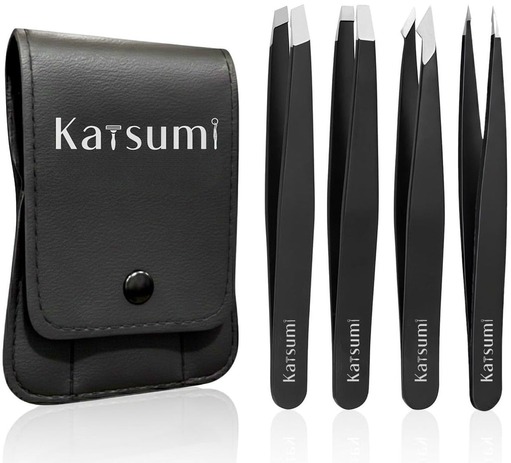 Katsumi Pinnacle 4-Piece Tweezers Set – Precision Stainless Steel Tweezers for Eyebrows, Facial Hair, Ingrown Hair, Splinters, Hair removal Tweezer for Men & Women, Professional Tweezer Kit (Black)