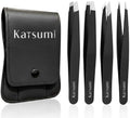 Katsumi Pinnacle 4-Piece Tweezers Set – Precision Stainless Steel Tweezers for Eyebrows, Facial Hair, Ingrown Hair, Splinters, Hair removal Tweezer for Men & Women, Professional Tweezer Kit (Black)