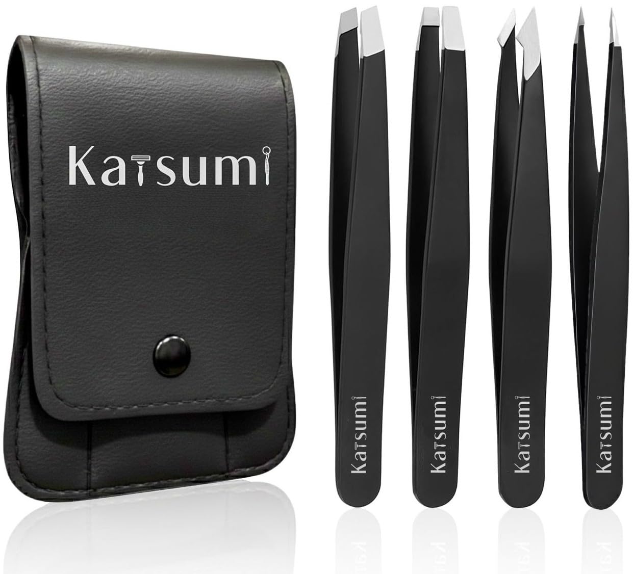 Katsumi Pinnacle 4-Piece Tweezers Set – Precision Stainless Steel Tweezers for Eyebrows, Facial Hair, Ingrown Hair, Splinters, Hair removal Tweezer for Men & Women, Professional Tweezer Kit (Black)