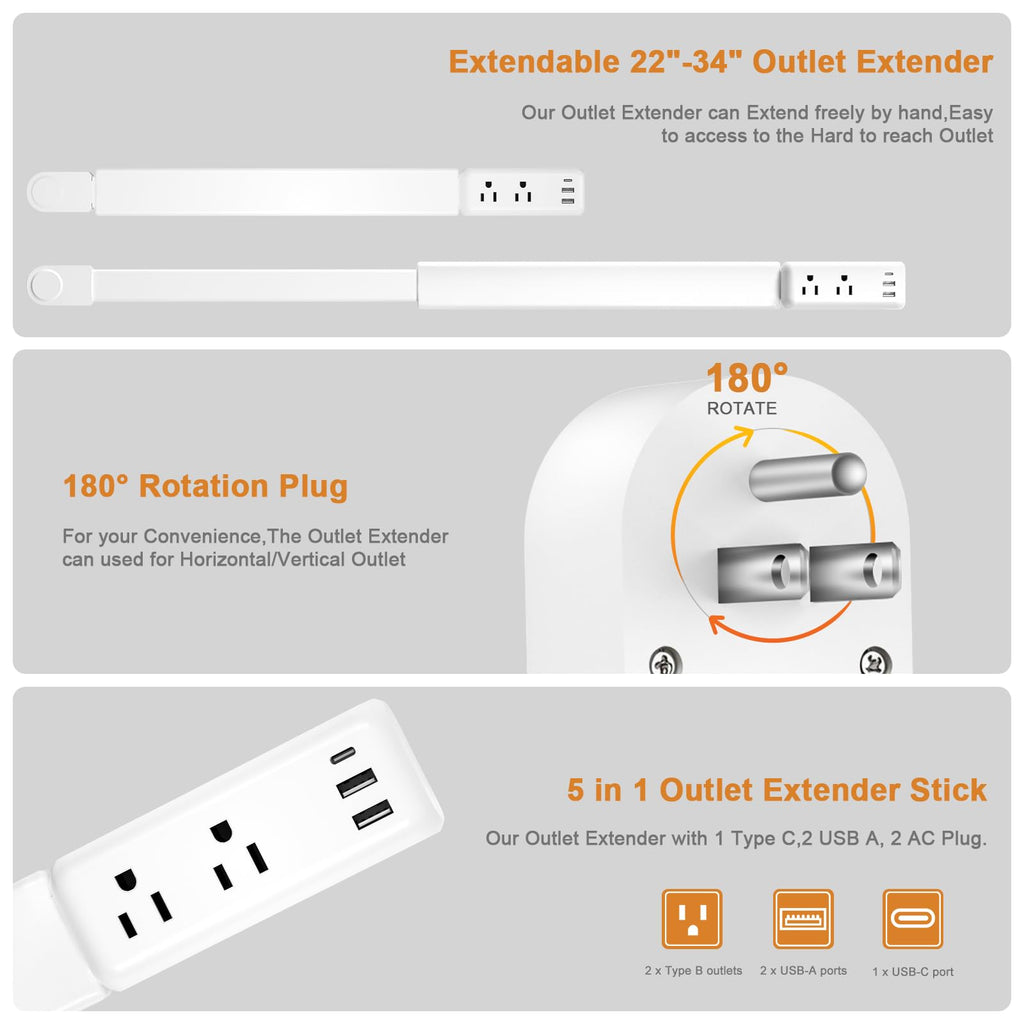 Outlet Extender, Electrical Outlet Extender Stick 22-34" Extendable 180° Rotating Wall Charger, EDIEBE USB C Power Socket Expander with 2 AC, 2 USB-A & 1 USB-C for Home Office Behind Couch