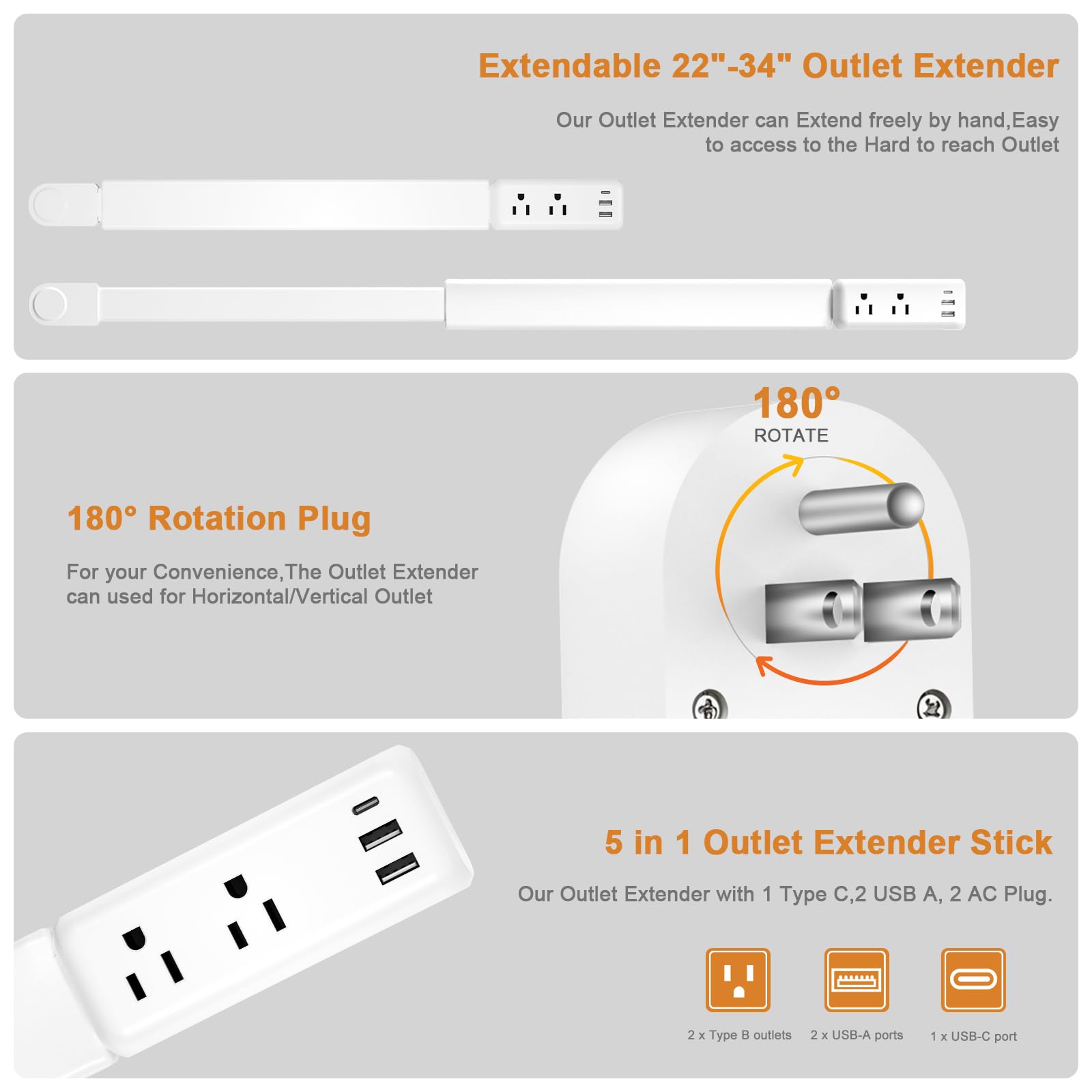 Outlet Extender, Electrical Outlet Extender Stick 22-34" Extendable 180° Rotating Wall Charger, EDIEBE USB C Power Socket Expander with 2 AC, 2 USB-A & 1 USB-C for Home Office Behind Couch