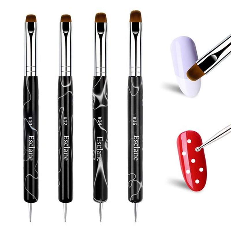 4PCS French Manicure Brush, Two Way Nail Art Brush with Dotting Tool for Cuticle Clean Up & Nail Art Design, French Nail Brush Professional Salon (Black)