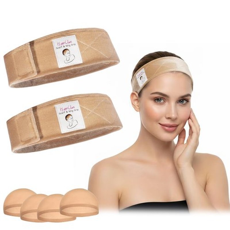 HappClan Velvet Wig Grip Bands - 2 Pcs Adjustable Non-Slip Headbands + 4 Pcs Caps for Women, All-Day Comfort Secure Wear Accessories (Beige)