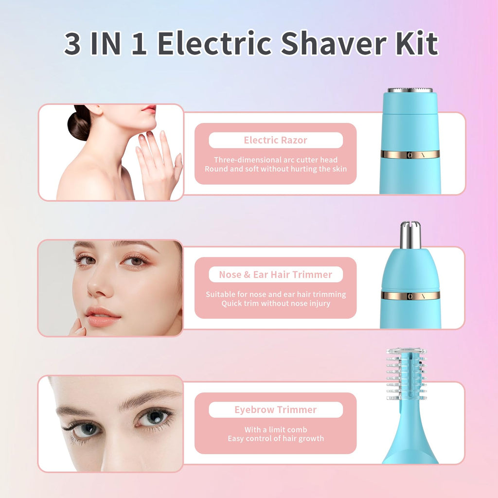 Erkot Nose Hair Trimmer for Men and Women, Eyebrow Trimmer, Electric Shaver Razor 3 in 1, Portable, Waterproof and Rechargeable for Ears, Face, Legs (Blue Pink)