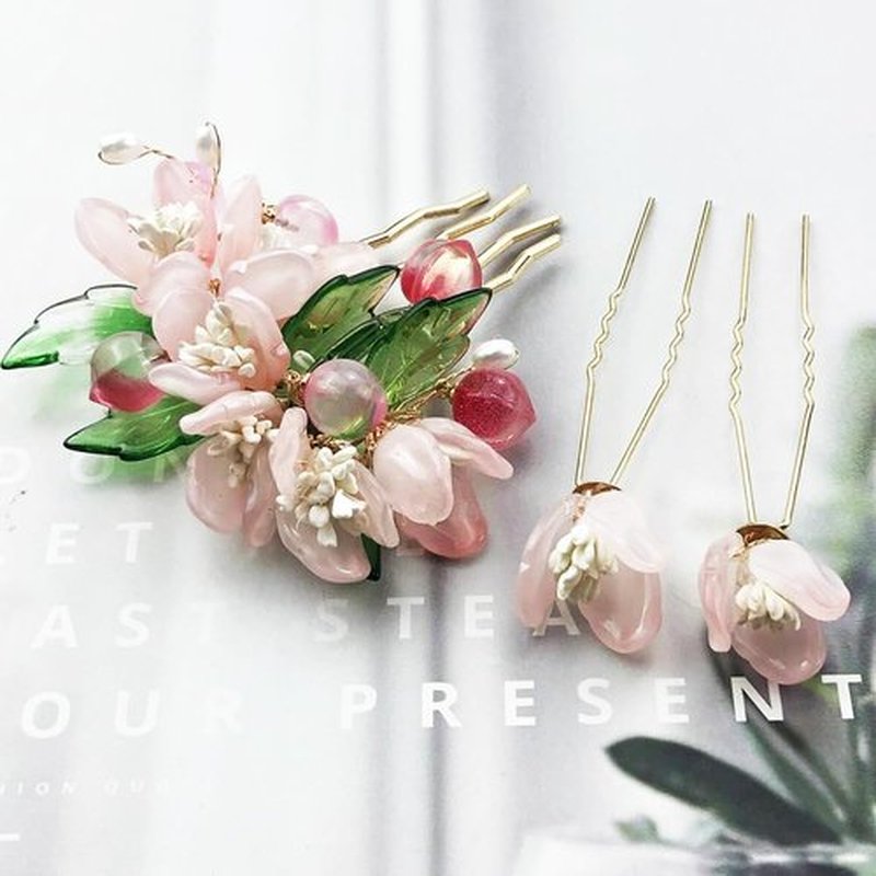 3PCS Handcrafted Cherry Blossom Hair Pins, Pink Floral Wedding Hair Accessories with Pearls, Traditional Chinese Style