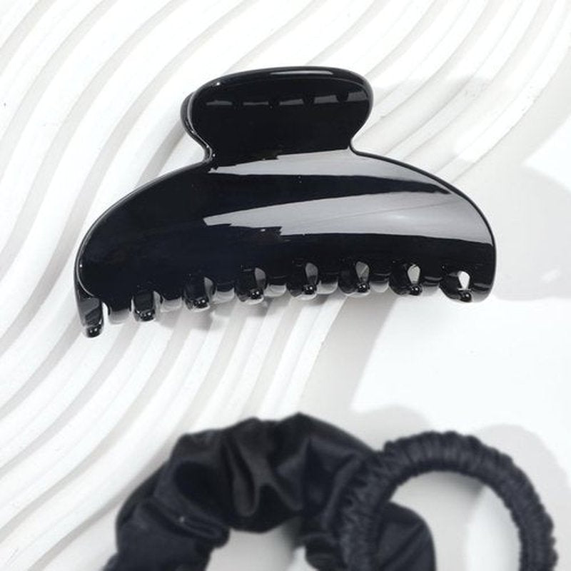 Black Hair Claw Clip for Women, Premium PC Material for Long-Term Use, 4.1 Inch Big Strong Hold No Slip Hair Clips for Thick or Thin Hair, Includes 2 Black Satin Scrunchies