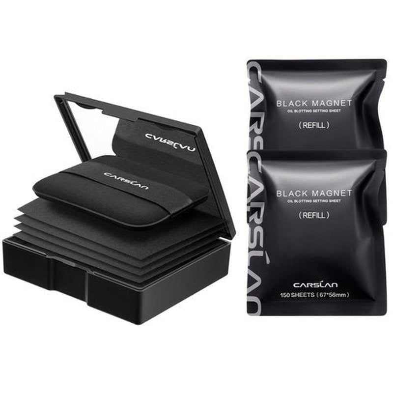 CARSLAN Makeup Blotting Paper with Powder, Black Magnet Blotting Sheet for Oily & Combination Skin, Portable Compact with Puff & Mirror, Keeps Makeup Fresh All Day, 450 Sheets + 8 Refill Adhesive Pads