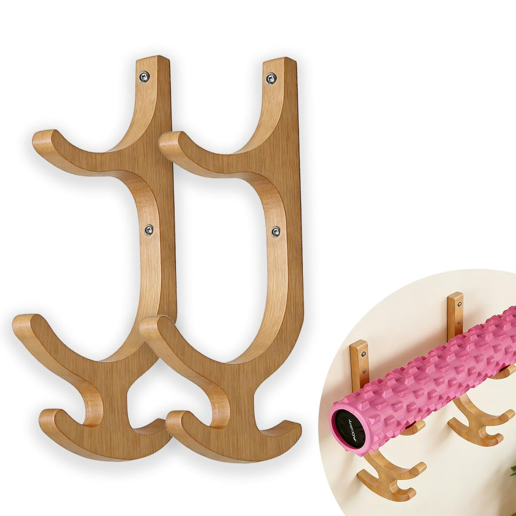 Leemeexaa Wooden Yoga Mat Holder Wall Mount, Wooden Yoga Mat Storage Rack, Solid Wooden Yoga Mat Holder, Yoga Mat Holders with hooks Space Saving Yoga Mat Holders for Mats,Resistance Bands,Jump Ropes,Home Fitness Storage