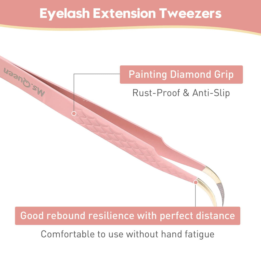 Ms.Queen Eyelash Extension Tweezers, Fiber Tip Grip Curved Lash Tweezers for Volume lashes Extensions