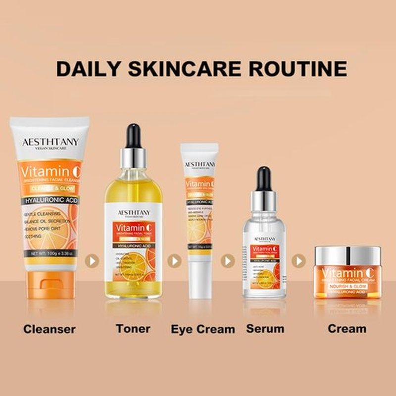 R RadiantRise Vitamin C Skin Care Set For Women , 5-In-1 Moisturizing Hyaluronic Acid Skin Care Routine with Facial Cleanser, Serum, Face Cream, Eye Cream, Toner