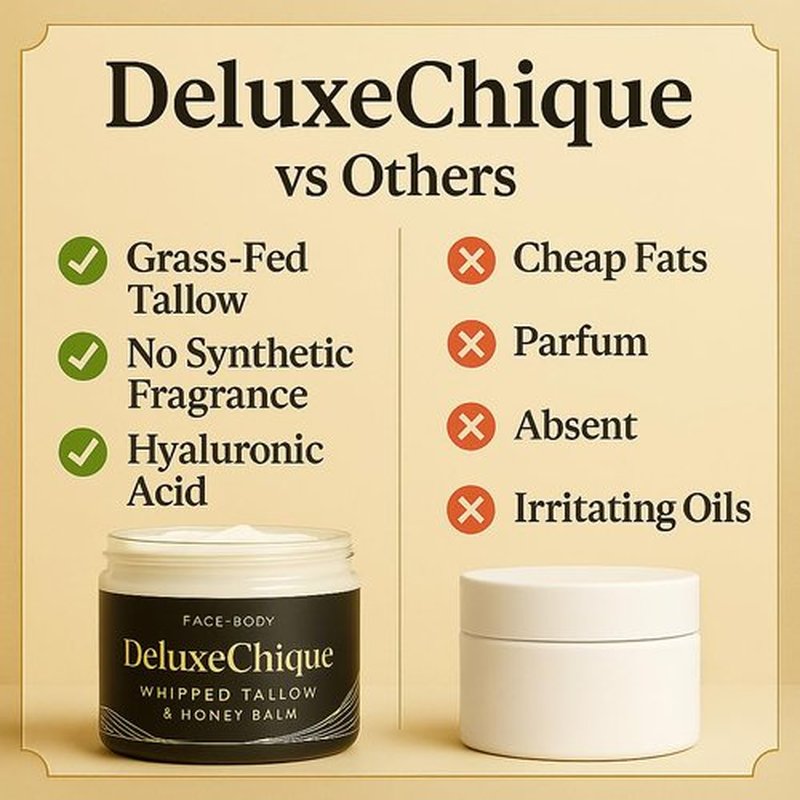 Bekirbech DeluxeChique Beef Tallow Face Moisturizer – Whipped Tallow & Honey Balm with Hyaluronic Acid, Manuka Honey, Aloe & Green Tea – Unscented Natural Skin Cream for Dry or Sensitive Skin – 4oz
