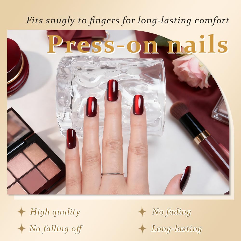 XZMeiLun Cat Eye Dark Red Press On Nails Medium Long Length Square, Designer Reusable Acrylic Fake Nail with Glue, Glossy Gel Nails Wedding Party, Stick On Glue On Nail, Nails Press Ons for Women