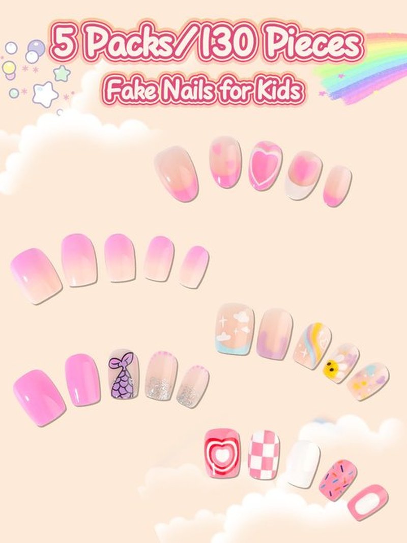EBANKU 130 Pcs Press on Nails for Girls, Short Old Cute Mermaid Heart Fake Nails for Kids 8-12 Years Stick On False Nails Kit with Jelly Nail Adhesives & Builder Glue, Full Cover Nails Tip for Child