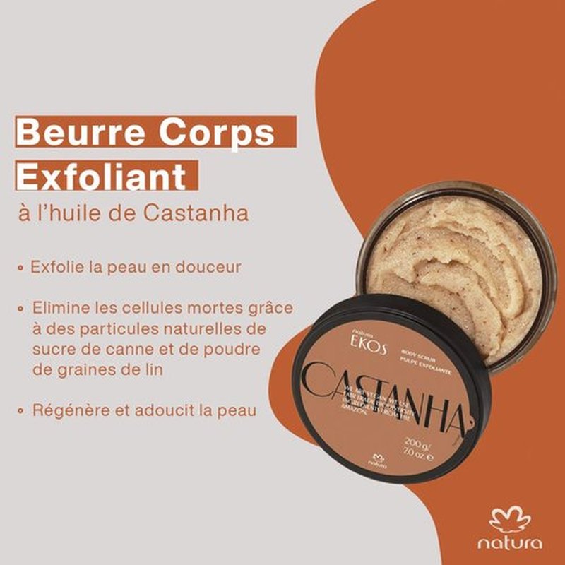 Natura Ekos Castanha Body Scrub - Exfoliating Sugar & Brazil Nut Oil Polish for Dry Skin - 7 oz (200 g)