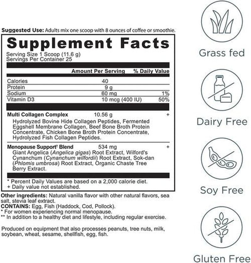 Ancient Nutrition Menopause Support | Hydrolyzed Collagen Powder with Superfoods - Vanilla, 25 Servings