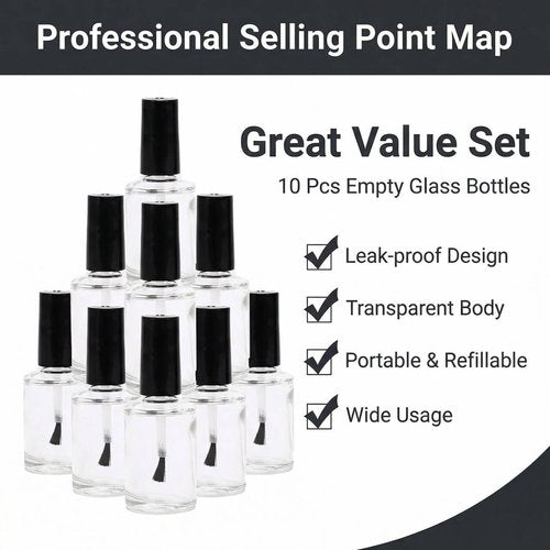 10PCS 0.5oz Transparent Empty Nail Polish Bottles with Brush Caps Glass Polish Sample Tube Bottle Vial Container for Nail Art 15ml