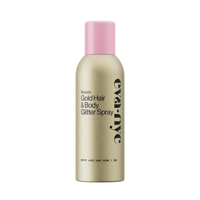 Eva NYC Kweeen Gold Hair and Body Glitter Spray - Ultra Shimmery Gold Glitter Formula - Adds Shine + Non-Sticky - Quick Drying Sparkle Spray for Hair and Body - Warm Vanilla Scent - 4.9 oz