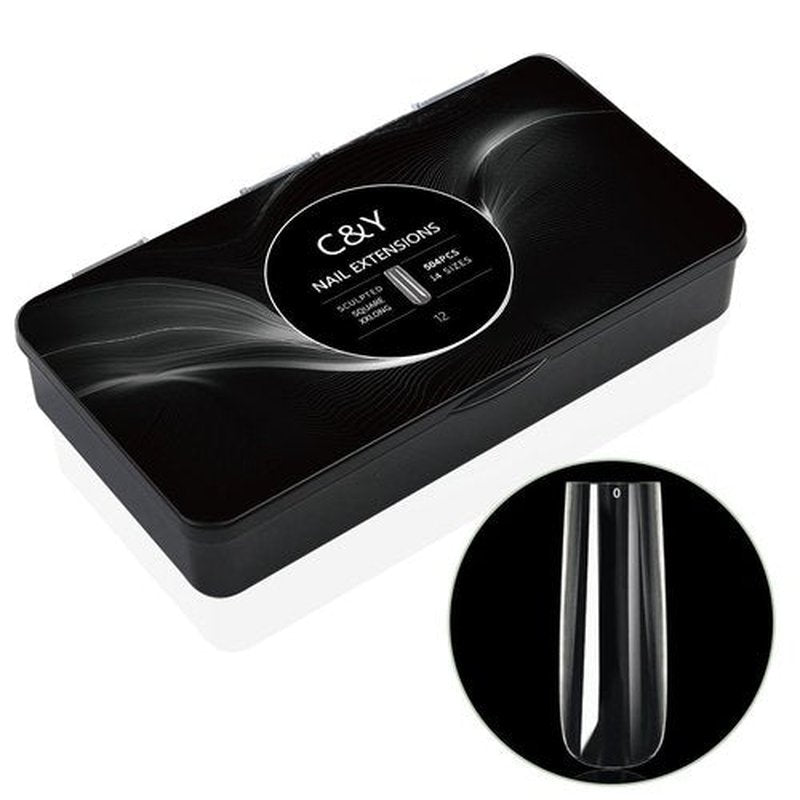 Cycullinyt 504pcs Sculpted XXLong Square Soft Gel Nail Tips, Professional False Nail Tips with Box - 14 Sizes Full Cover Clear Acrylic Press On Fake Nails for Extension Manicure Salon DIY at Home