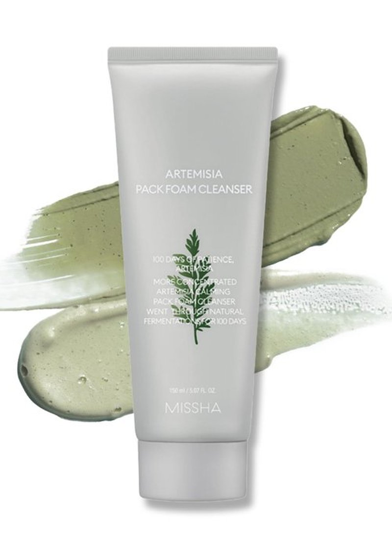 MISSHA Artemisia Pack Foam Cleanser 5.07 Fl oz/ 150ml, 2-in-1 Korean Facial Cleanser & Clay Mask with Double-Fermented Mugwort Extract, Soothes Sensitive Skin