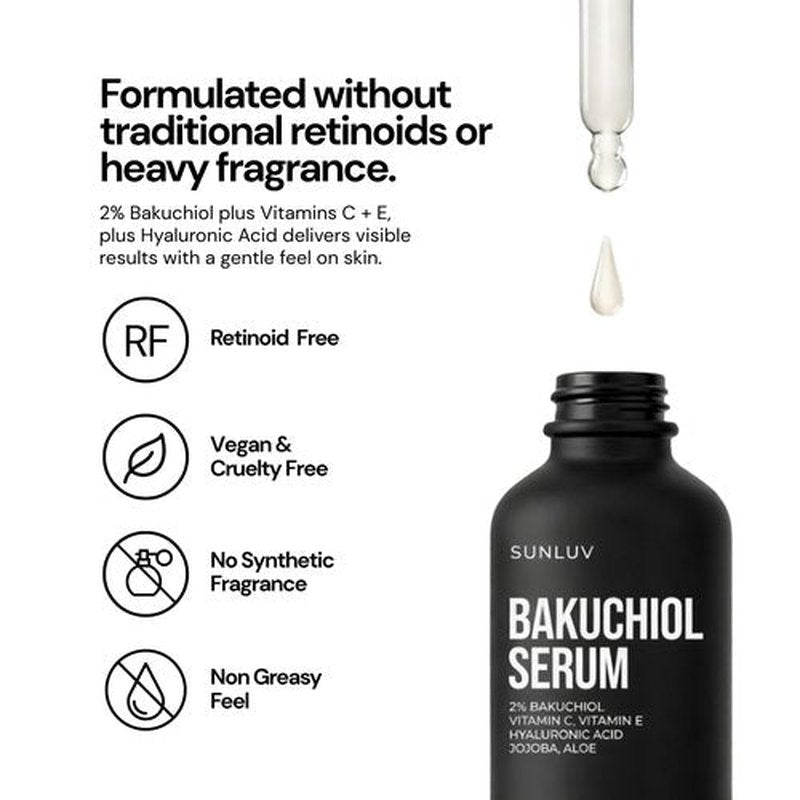 SUNLUV Bakuchiol Serum for Face - 2% Retinol Alternative with Hyaluronic Acid & Vitamin C | Anti-Aging, Hydrating, Plumping | 1 oz