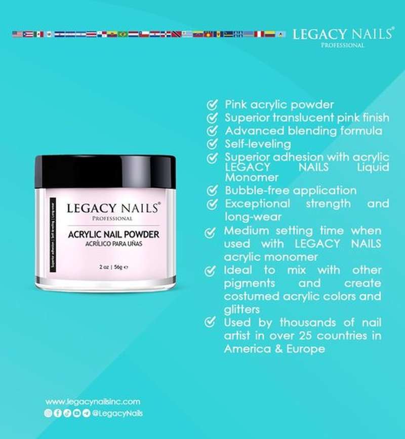 Legacy Nails Professional PINK ACRYLIC POWDER - 30g / 1oz. - High-Quality, Fast-Drying Formula for Nail Extensions, Sculpting & Overlays, Salon-Grade, Long-Lasting Finish