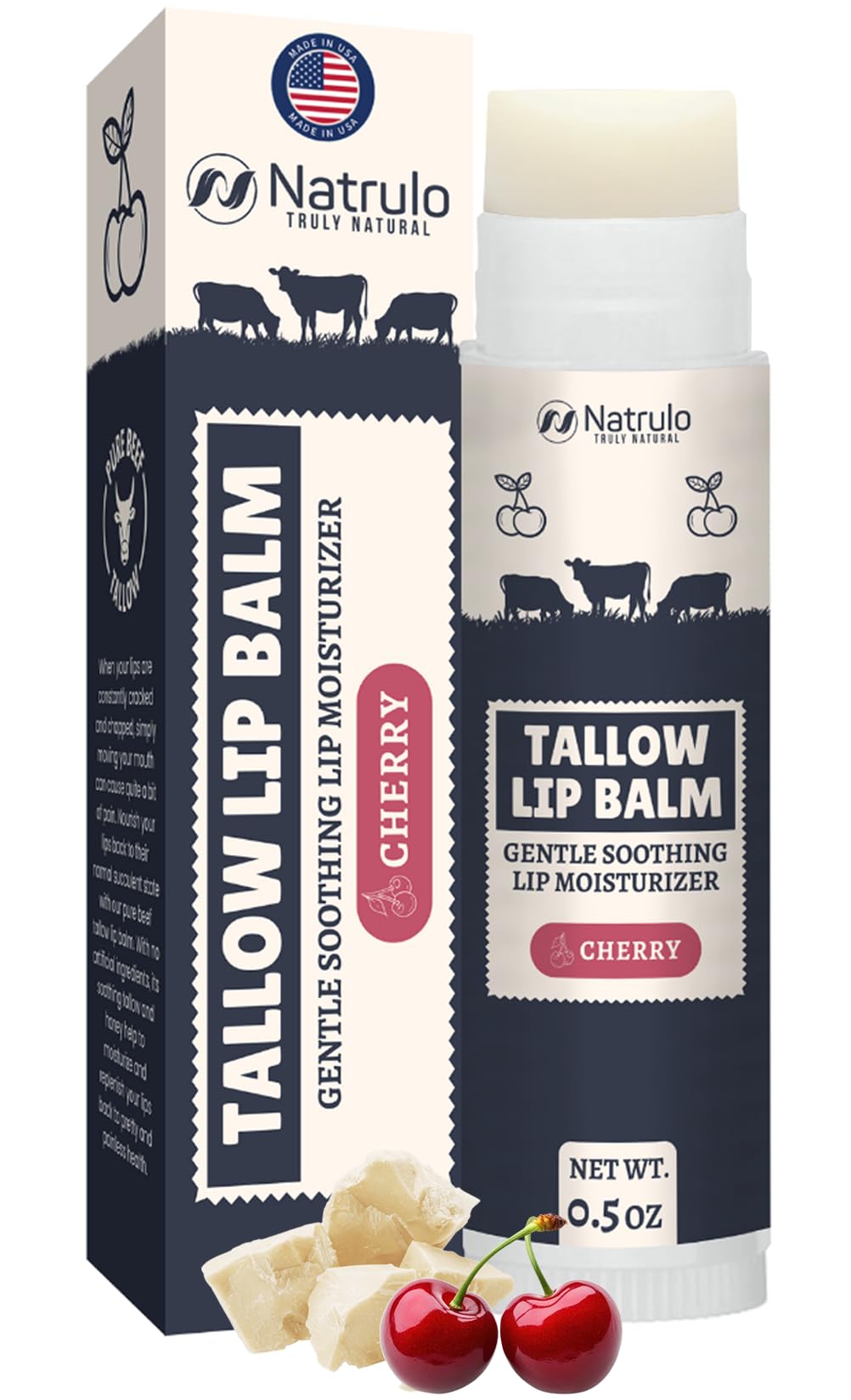 Beef Tallow Lip Balm – Natural Tallow Beeswax Chapstick – Hydrating Moisturizer Grass Fed Tallow Balm Care – Soothes Chapped Dry Lips Sensitive Skin – Long Lasting Vitamin Rich USA-Made, Cherry