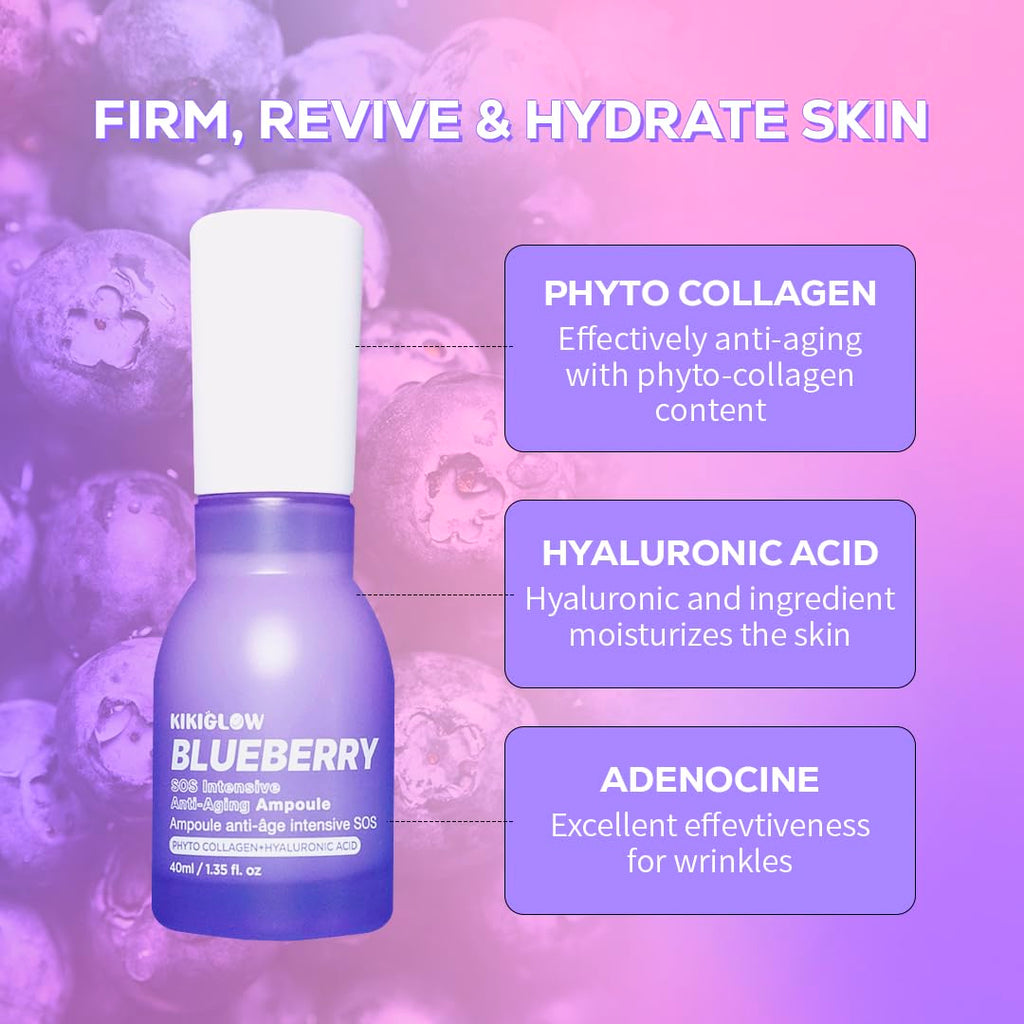 KIKIGLOW Blueberry SOS Intensive Anti-Aging Ampoule 40ml – Korean Firming Facial Ampoule with Vegan Collagen, Hyaluronic Acid, Adenosine, Antioxidant Care, Wrinkle & illuminating