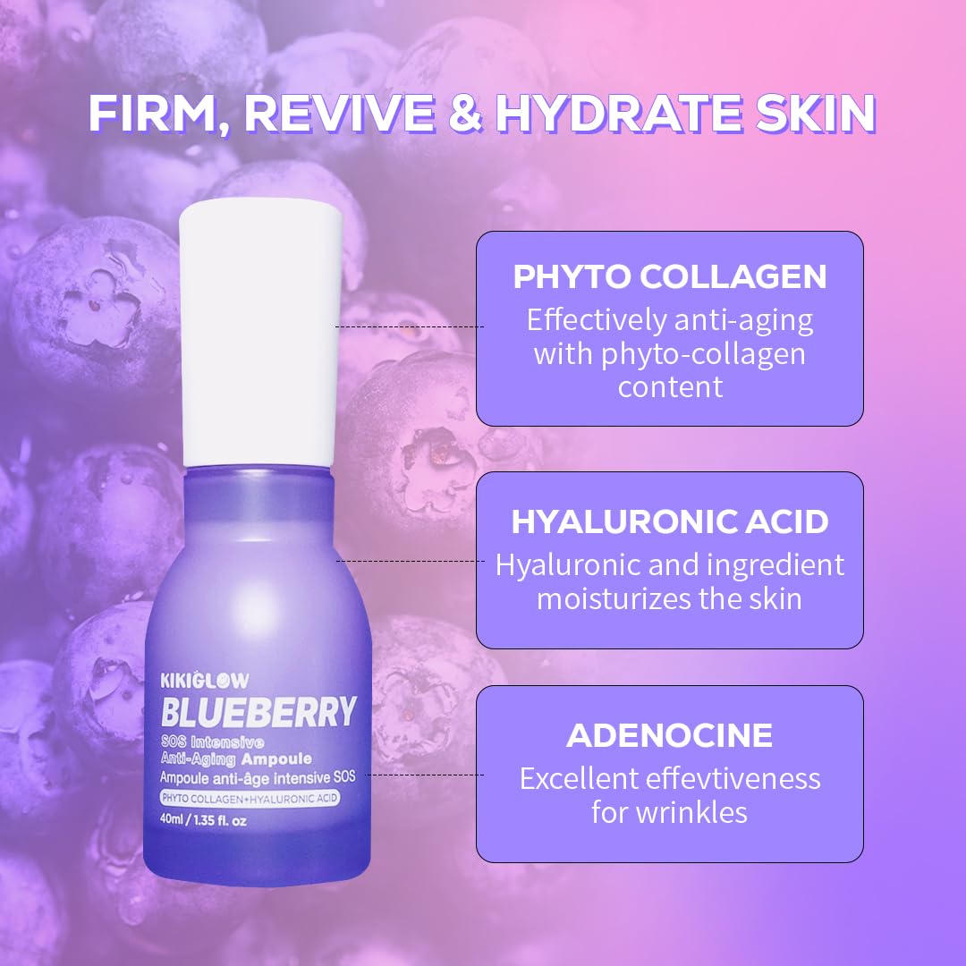 KIKIGLOW Blueberry SOS Intensive Anti-Aging Ampoule 40ml – Korean Firming Facial Ampoule with Vegan Collagen, Hyaluronic Acid, Adenosine, Antioxidant Care, Wrinkle & illuminating