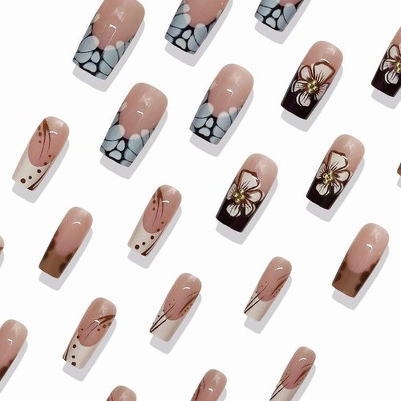 MISUD Press on Nails - Long Square Fake Nails with Fall Brown, Acrylic Autumn Flower Design 24 pcs