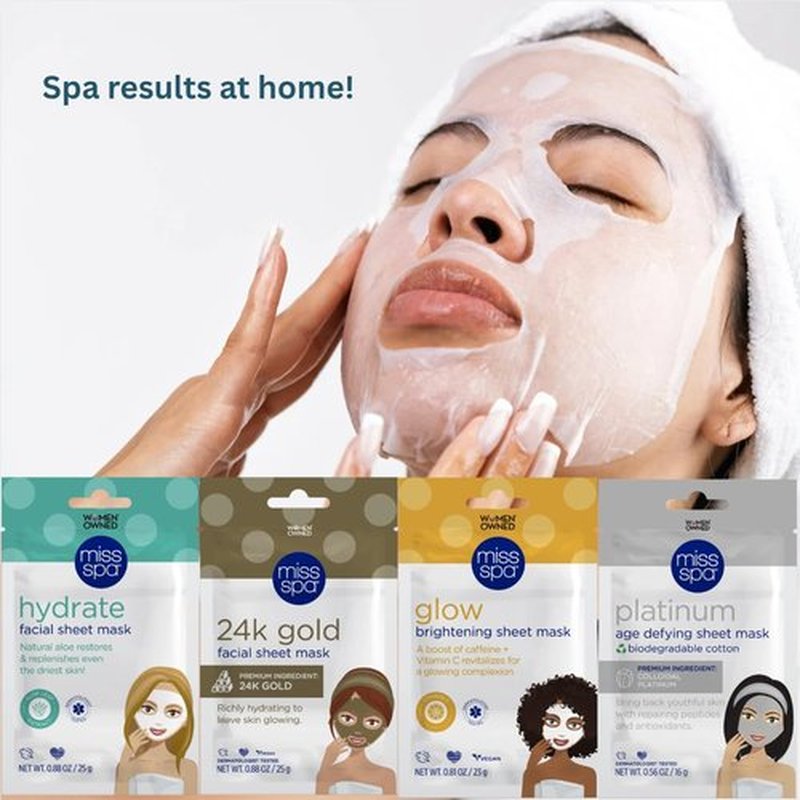 MISS SPA Face Mask Skin Care, Facial Sheet Mask for Women, Hydrating Moisturizing Skin Care Products, Anti-aging Face Mask, Dermatologsit Tested, 4 Pack (Hydrate, 24K Gold, Glow, Platinum Sheet Mask)