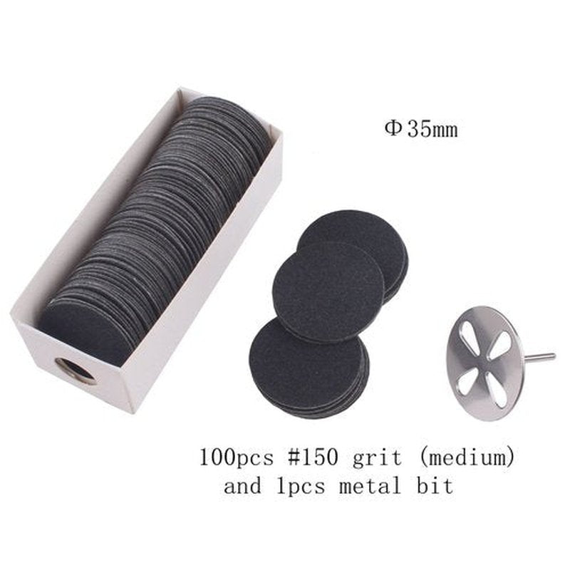 MZCMSL 100pcs Sandpaper Disc and 1pcs Metal Drill Bit, 3/32 Shank Pedicure Sanding Disc Bit for Dead Skin Callus Electric Foot File #150 Grit (Medium,35mm)
